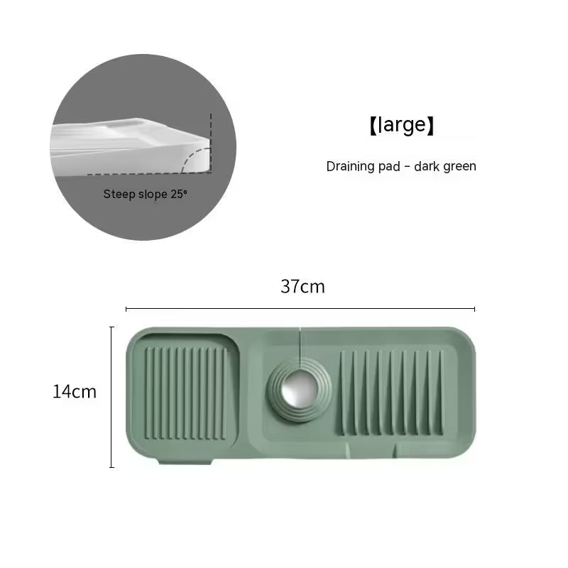 Green draining pad with dimensions and slope angle on a white background