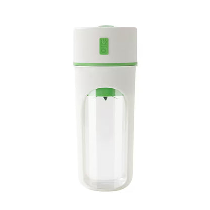 Clear water bottle with green accents on a white background