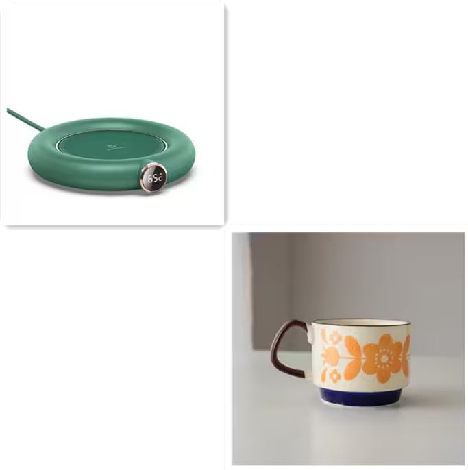 Green heating pad and floral mug on a white background