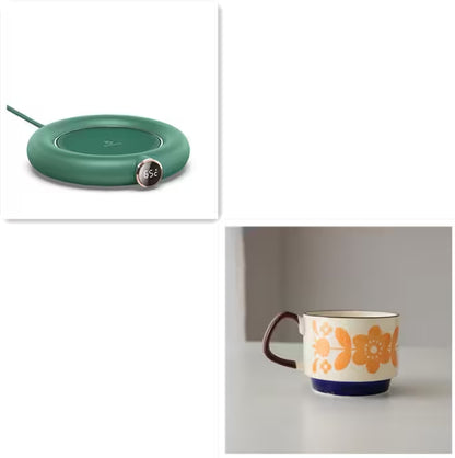 Green heating pad and floral mug on a white background