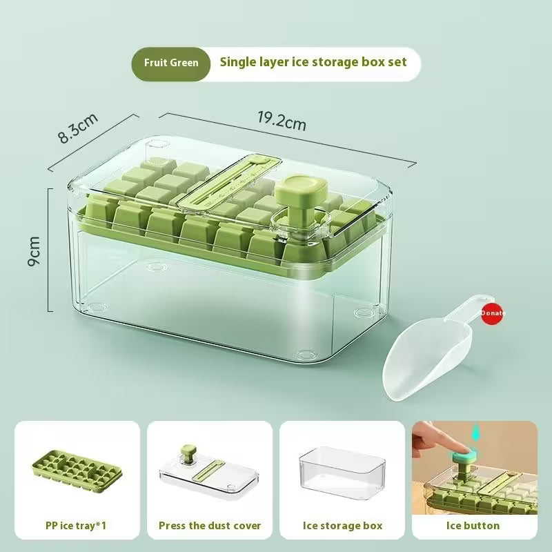 Green single-layer ice storage box set with dimensions and features on a light green background