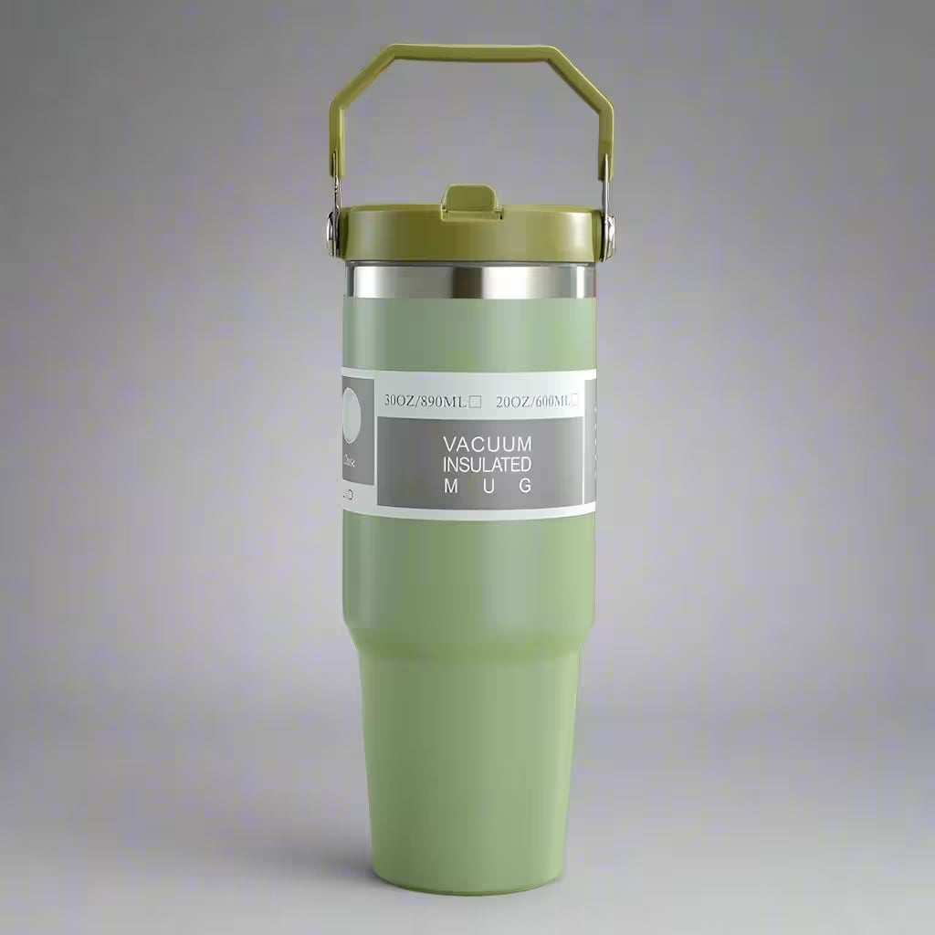 Green vacuum insulated mug with a handle on a gray background