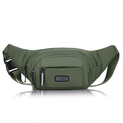 Green waist bag with multiple pockets and a visible brand logo on a white background