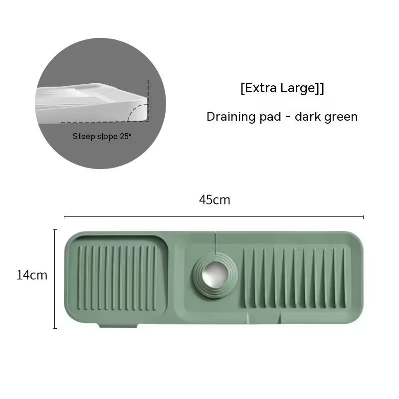 Dark green draining pad with dimensions and steep slope angle on a white background