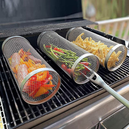 Metal mesh vegetable grilling baskets with vegetables on a grill