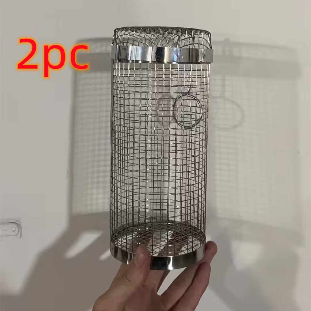Metal bird feeder held by a hand with '2pc' text above on a light background