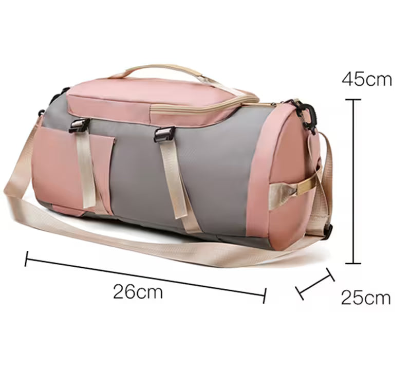 Pink and gray duffel bag with measurements on a white background