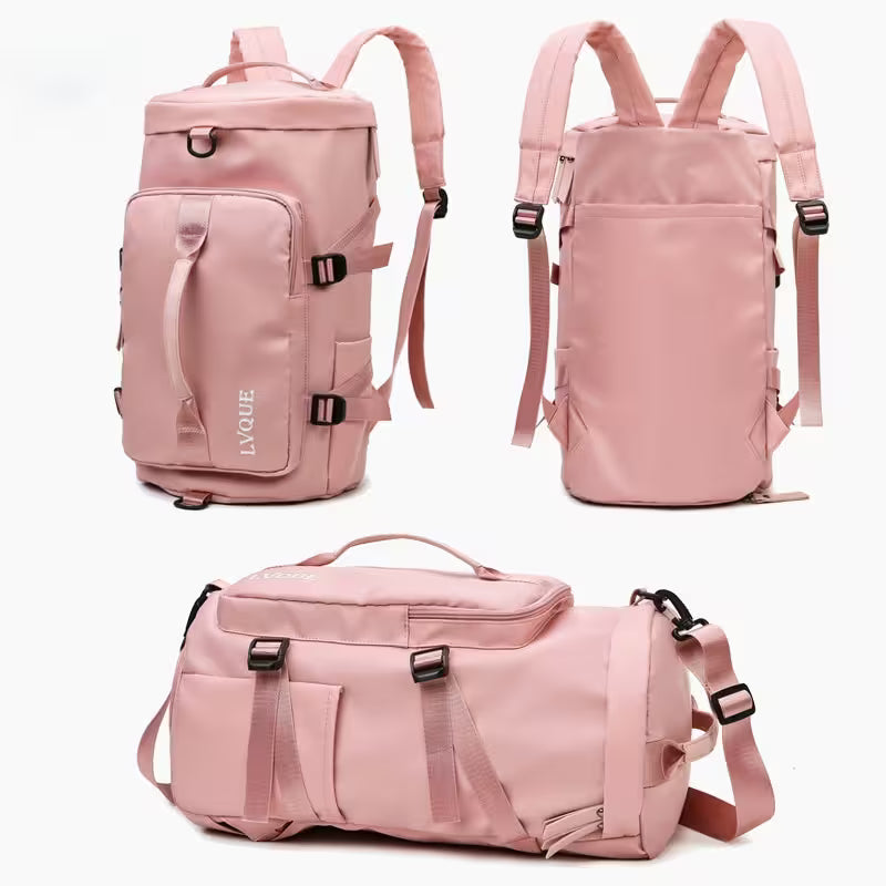 Three pink backpacks and a duffel bag on a white background