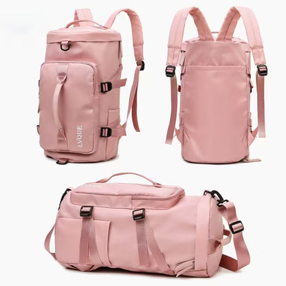 Three pink backpacks and a duffel bag on a white background