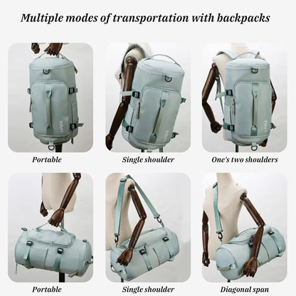 Light blue backpacks shown in various carrying modes on mannequin backs.
