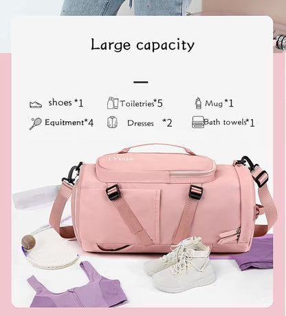 Pink duffel bag with travel items on a white background