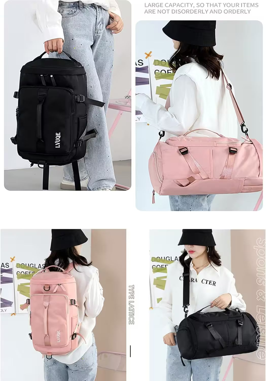 Four images of a person holding different bags: a black backpack, a pink duffel bag, a pink backpack, and a black duffel bag.