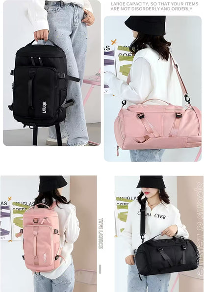 Four images of a person holding different bags: a black backpack, a pink duffel bag, a pink backpack, and a black duffel bag.