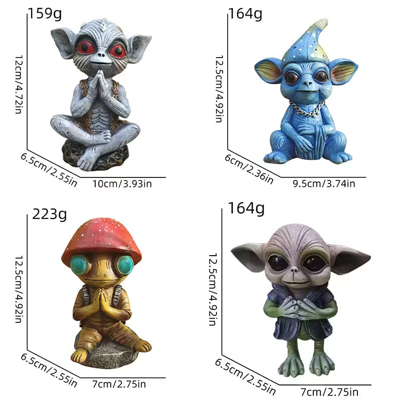 Halloween Alien Garden Statue – 4 Quirky Mini Figurine Designs with Mushroom, Wizard & Meditating Characters for Spooky Decor - Dimensions & Weight
