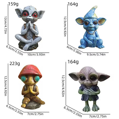Halloween Alien Garden Statue – 4 Quirky Mini Figurine Designs with Mushroom, Wizard & Meditating Characters for Spooky Decor - Dimensions & Weight