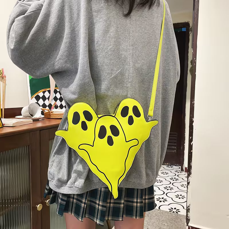 Halloween Shoulder Bag | Funny 3D Cartoon Ghost Purses in Black, White or Neon Yellow for Spooky Outfits