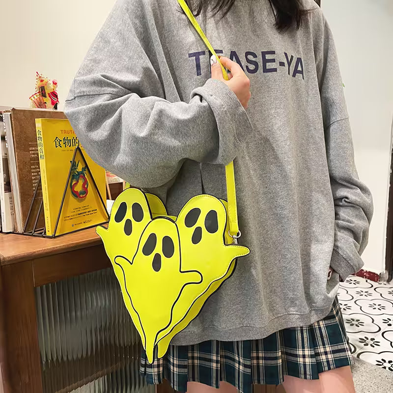 Halloween Shoulder Bag | Funny 3D Cartoon Ghost Purses in Black, White or Neon Yellow for Spooky Outfits