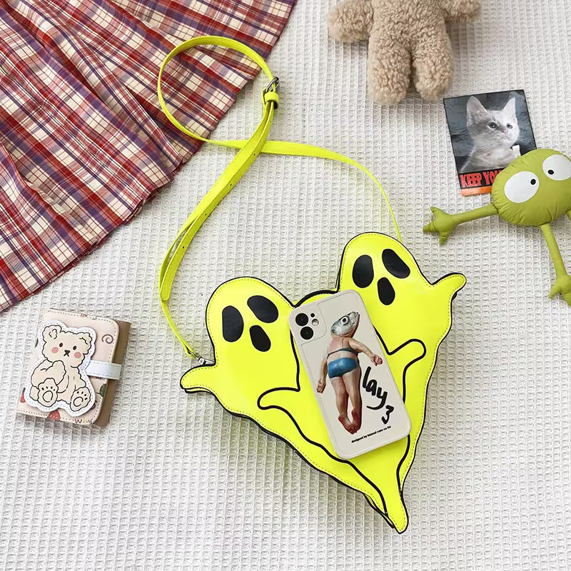 Halloween Shoulder Bag | Funny 3D Cartoon Ghost Purses in Black, White or Neon Yellow for Spooky Outfits