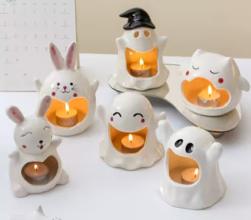 Halloween Candle Holder – Ceramic Tealight, Amber Glow, Table Mantel & Shelf Halloween Décor