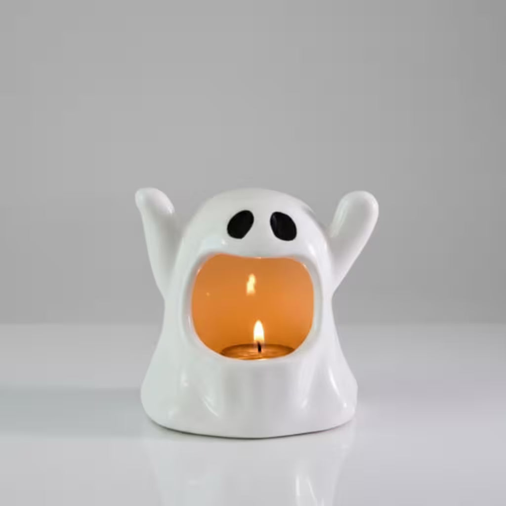 Halloween Candle Holder – Ceramic Tealight, Amber Glow, Table Mantel & Shelf Halloween Décor