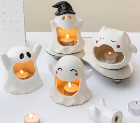 Halloween Candle Holder – Ceramic Tealight, Amber Glow, Table Mantel & Shelf Halloween Décor
