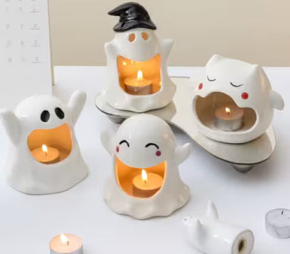 Halloween Candle Holder – Ceramic Tealight, Amber Glow, Table Mantel & Shelf Halloween Décor