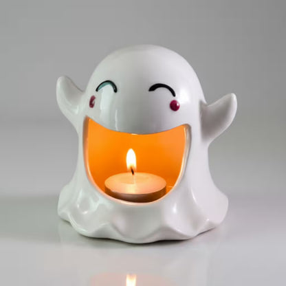 Halloween Candle Holder – Ceramic Tealight, Amber Glow, Table Mantel & Shelf Halloween Décor