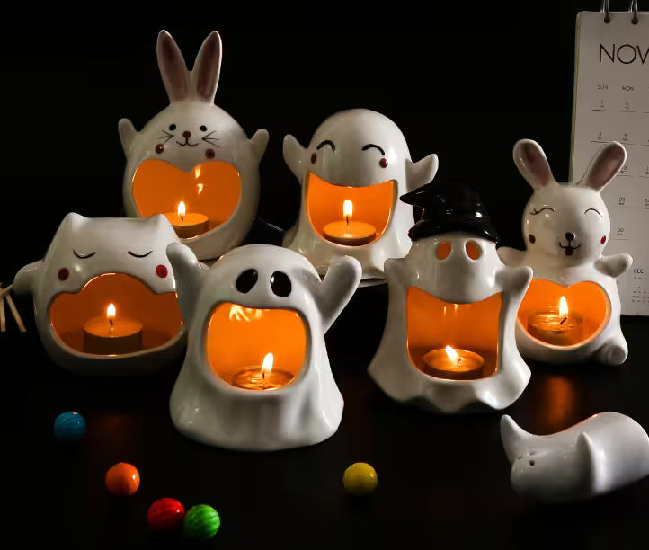 Halloween Candle Holder – Ceramic Tealight, Amber Glow, Table Mantel & Shelf Halloween Décor