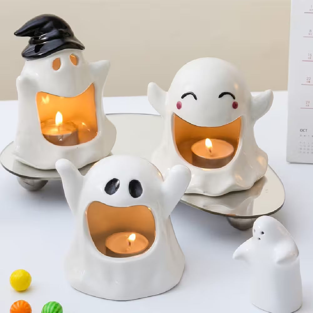 Halloween Candle Holder – Ceramic Tealight, Amber Glow, Table Mantel & Shelf Halloween Décor