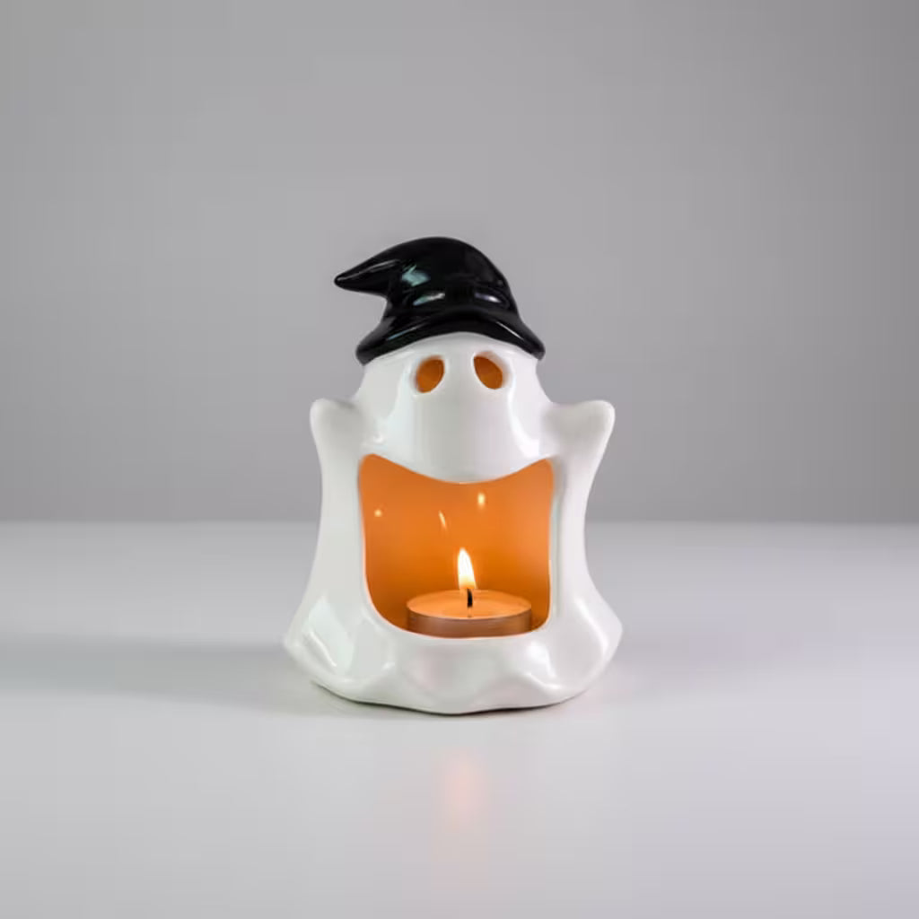 Halloween Candle Holder – Ceramic Tealight, Amber Glow, Table Mantel & Shelf Halloween Décor