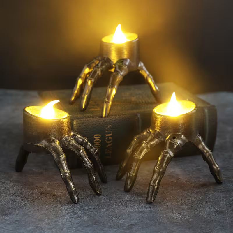 Halloween Flameless Taper Candles – Halloween Skeleton Hand & Skull Lantern, Tealight & LED Compatible, Dark Gothic Table Décor