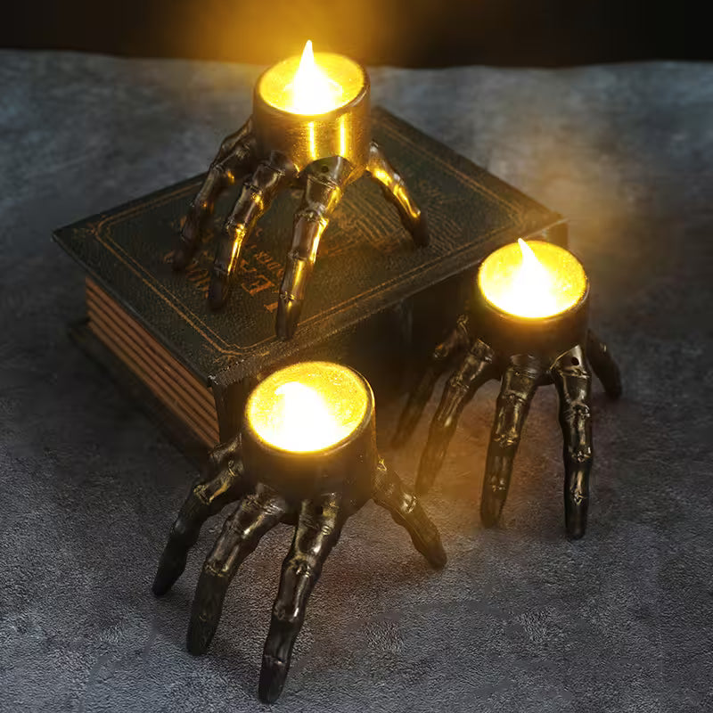 Halloween Flameless Taper Candles – Halloween Skeleton Hand & Skull Lantern, Tealight & LED Compatible, Dark Gothic Table Décor