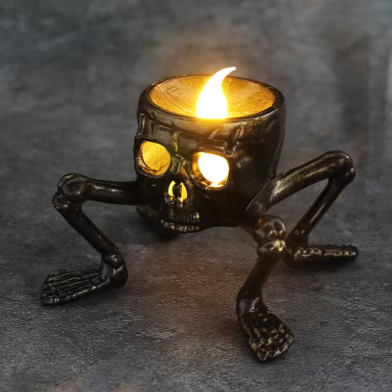 Halloween Flameless Taper Candles – Halloween Skeleton Hand & Skull Lantern, Tealight & LED Compatible, Dark Gothic Table Décor