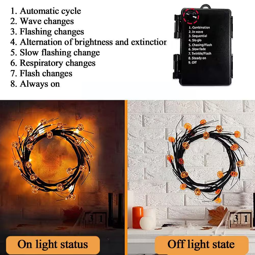 Halloween Garland With Lights – Bat Pumpkin LED 6ft Black Twig Branch, 8 Modes, Battery Powered
