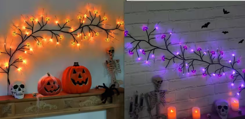 Halloween Garland With Lights – Bat Pumpkin LED 6ft Black Twig Branch, 8 Modes, Battery Powered