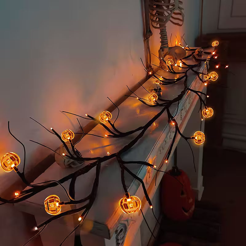 Halloween Garland With Lights – Bat Pumpkin LED 6ft Black Twig Branch, 8 Modes, Battery Powered