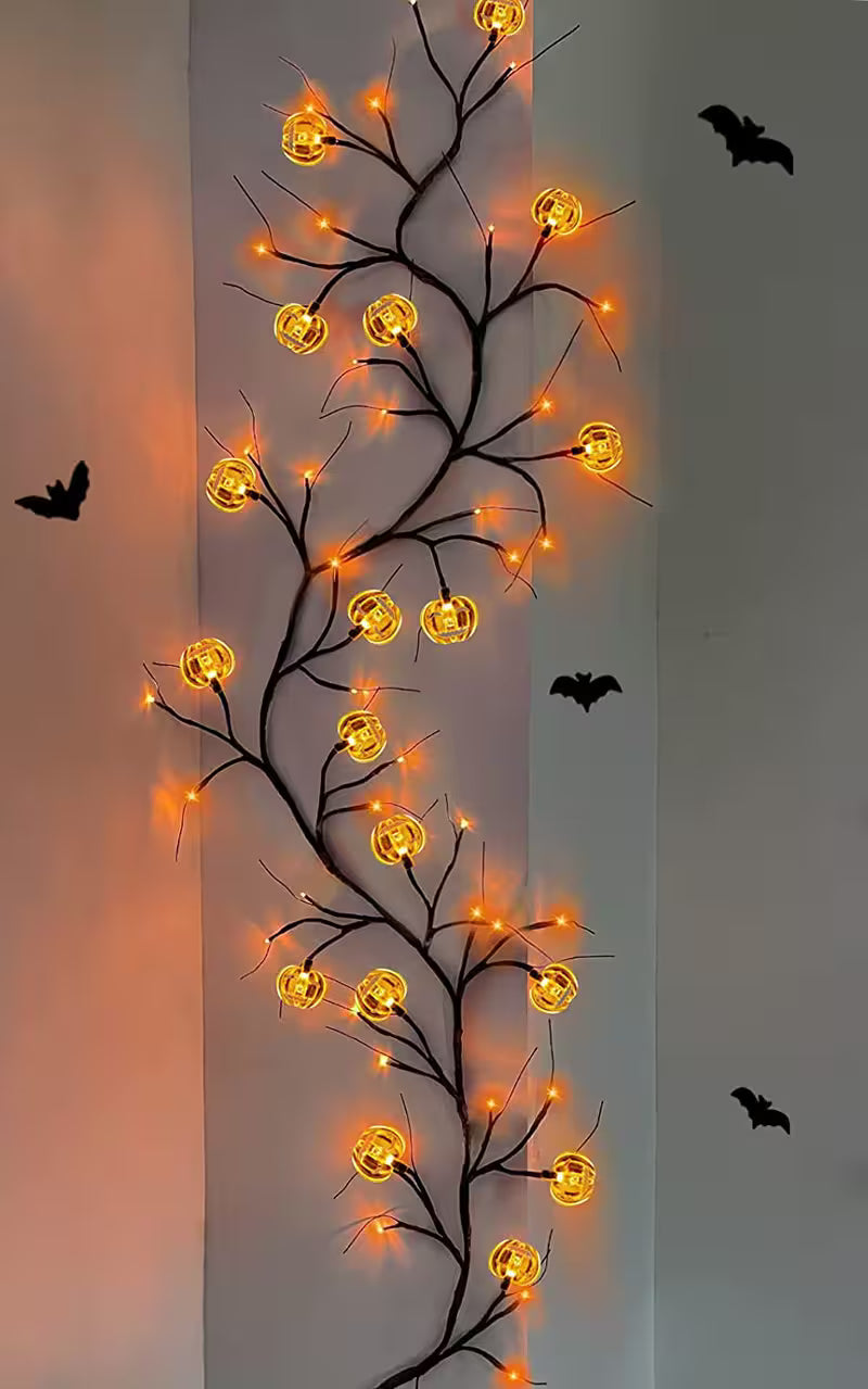 Halloween Garland With Lights – Bat Pumpkin LED 6ft Black Twig Branch, 8 Modes, Battery Powered