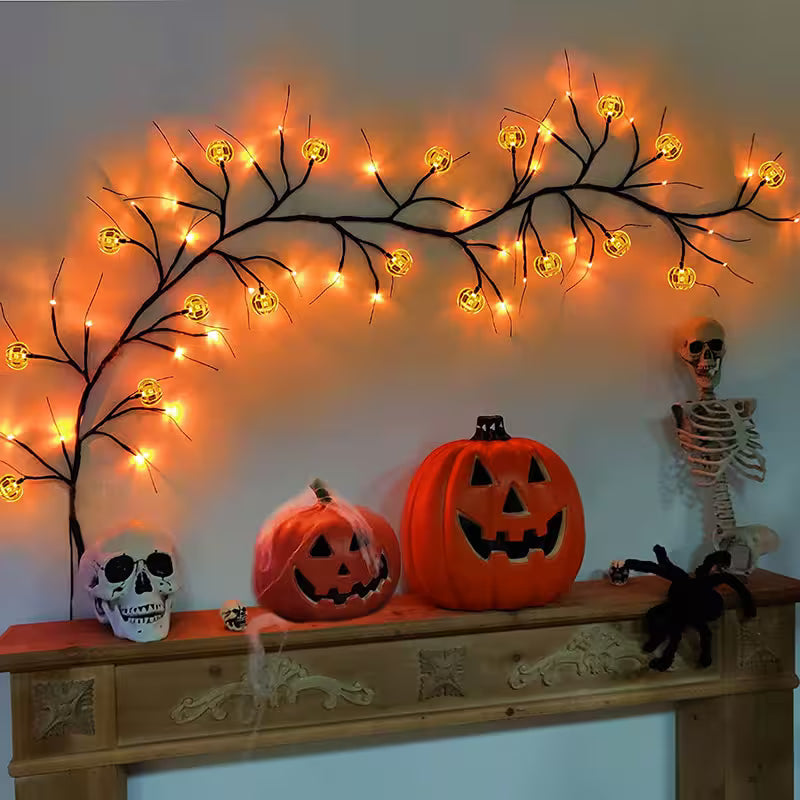 Halloween Garland With Lights – Bat Pumpkin LED 6ft Black Twig Branch, 8 Modes, Battery Powered