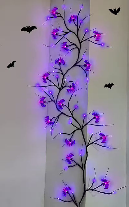 Halloween Garland With Lights – Bat Pumpkin LED 6ft Black Twig Branch, 8 Modes, Battery Powered