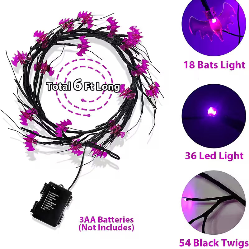 Halloween Garland With Lights – Bat Pumpkin LED 6ft Black Twig Branch, 8 Modes, Battery Powered
