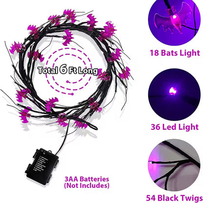 Halloween Garland With Lights – Bat Pumpkin LED 6ft Black Twig Branch, 8 Modes, Battery Powered