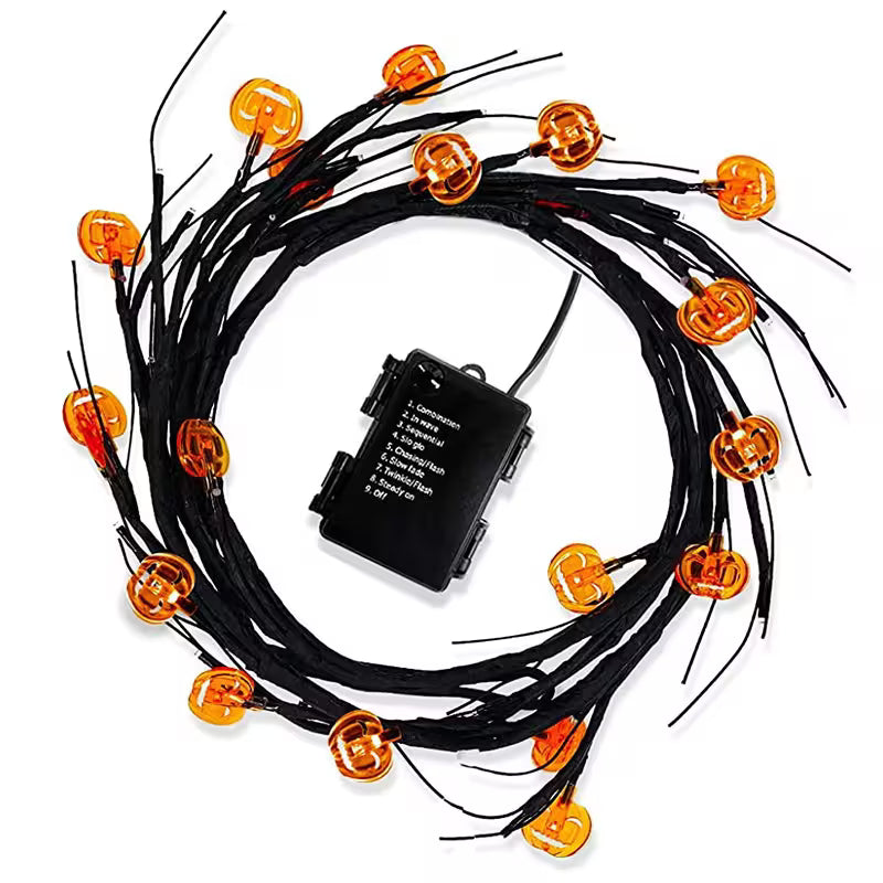 Halloween Garland With Lights – Bat Pumpkin LED 6ft Black Twig Branch, 8 Modes, Battery Powered