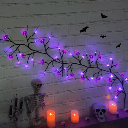 Halloween Garland With Lights – Bat Pumpkin LED 6ft Black Twig Branch, 8 Modes, Battery Powered