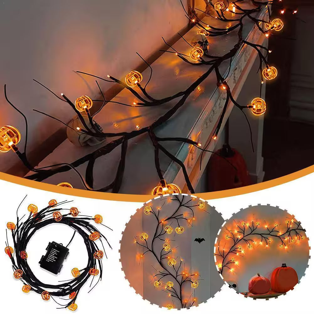 Halloween Garland With Lights – Bat Pumpkin LED 6ft Black Twig Branch, 8 Modes, Battery Powered