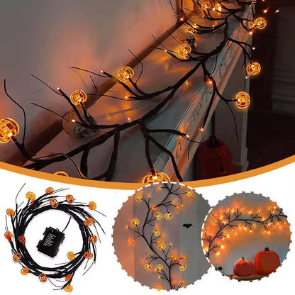 Halloween Garland With Lights – Bat Pumpkin LED 6ft Black Twig Branch, 8 Modes, Battery Powered