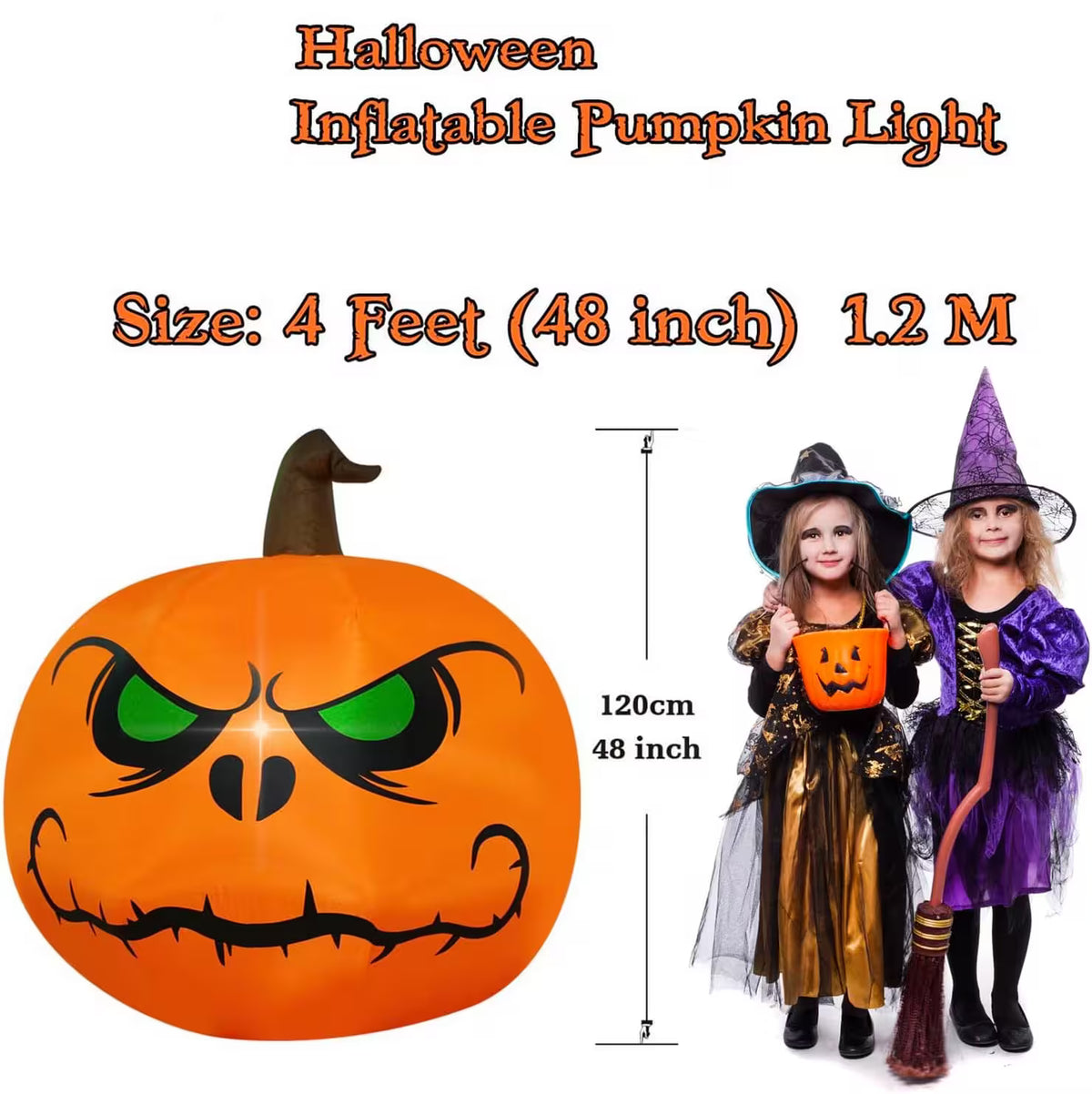 Halloween Inflatable Pumpkin Light  – 4ft Light-Up Jack-o’-Lantern with Green-Eyed Design for Spooky Party Displays