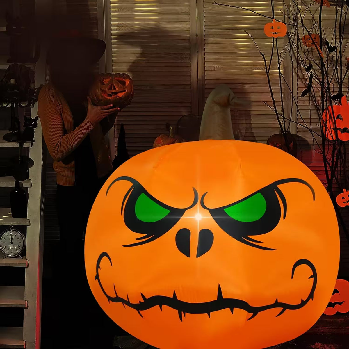 Halloween Inflatable Pumpkin Light  – 4ft Light-Up Jack-o’-Lantern with Green-Eyed Design for Spooky Party Displays