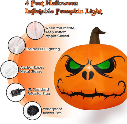 Halloween Inflatable Pumpkin Light  – 4ft Light-Up Jack-o’-Lantern with Green-Eyed Design for Spooky Party Displays