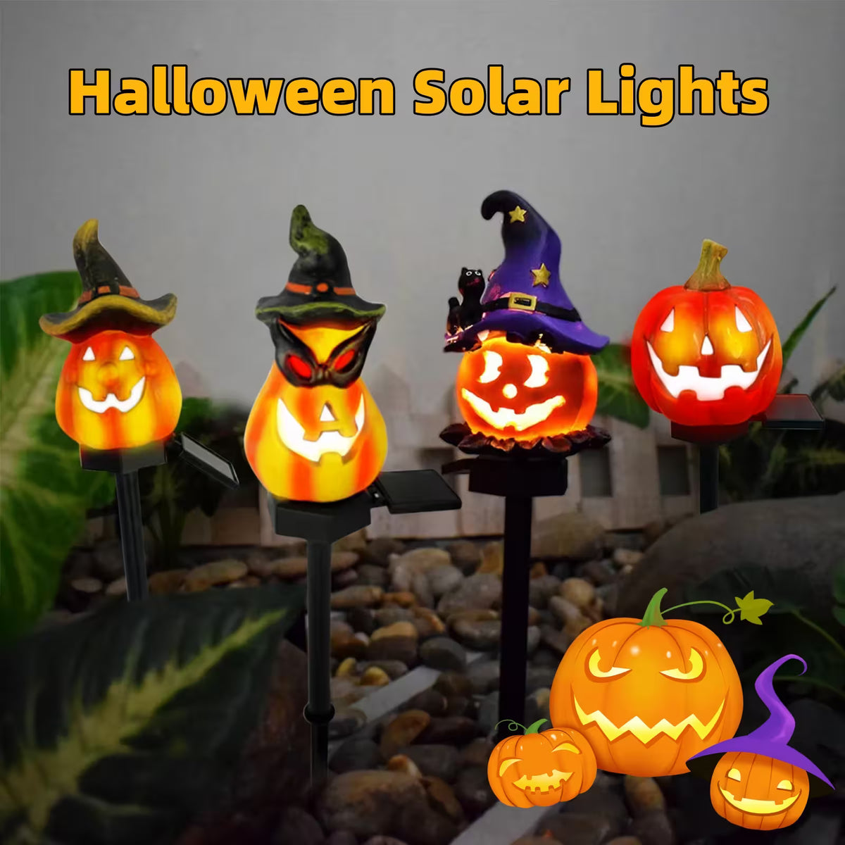 Halloween Outdoor Lights LED – Solar Garden Stake Decorations with Pumpkin, Ghost & Witch-Hat Designs for Spooky Pathway Styling
