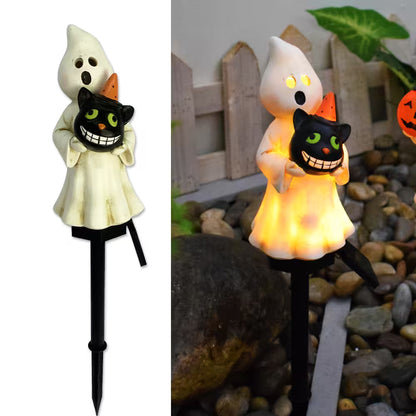 Hug Cat Ghost Halloween Outdoor Lights LED – Solar Garden Stake Decorations with Pumpkin, Ghost & Witch-Hat Designs for Spooky Pathway Styling
